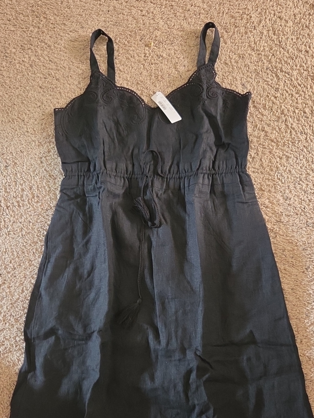 J. Crew Black Linen-Blend Midi Dress with Drawstring Waist